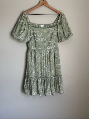 Blu Pepper Sage Green Floral Puff Sleeve Cottagecore Mini Dress Medium
